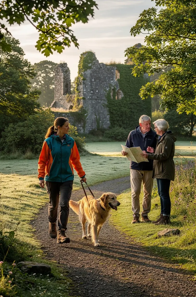 Urban park with people walking and cycling.